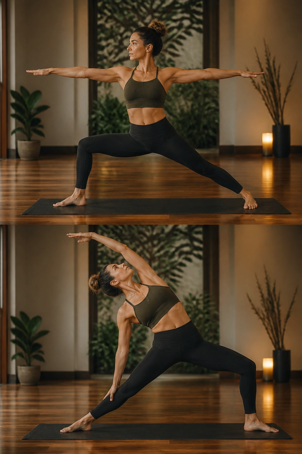 Person in Warrior II transitioning to Reverse Warrior on a mat