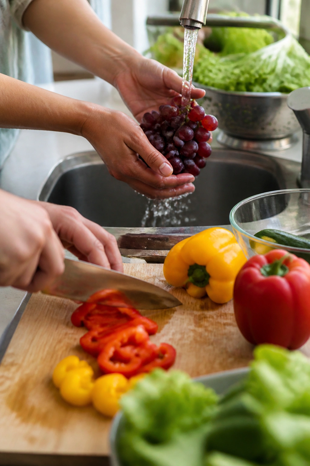 Close-up of hands washing grapes and chopping peppers on a cutting board in a bright kitchen