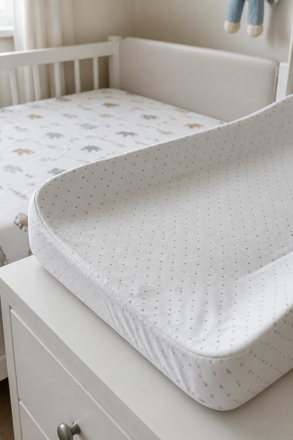 Close-up of wipe-clean crib sheets and a washable changing pad cover in a nursery