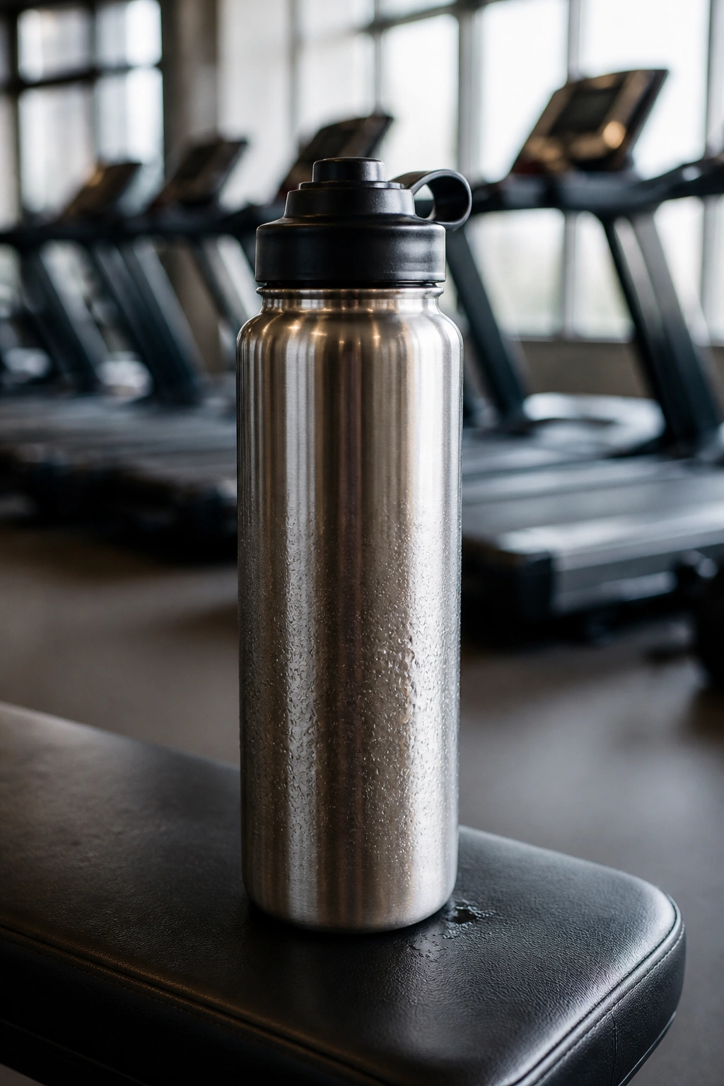 Stainless steel water bottle on gym bench