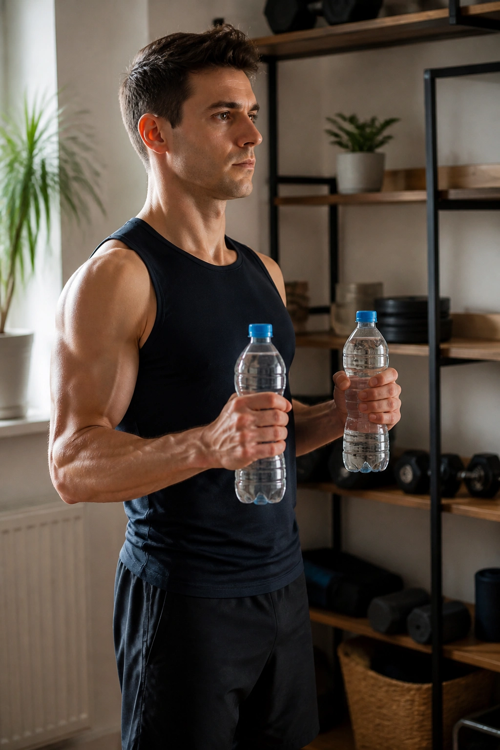Real person doing hammer curls with water bottles in a home setting