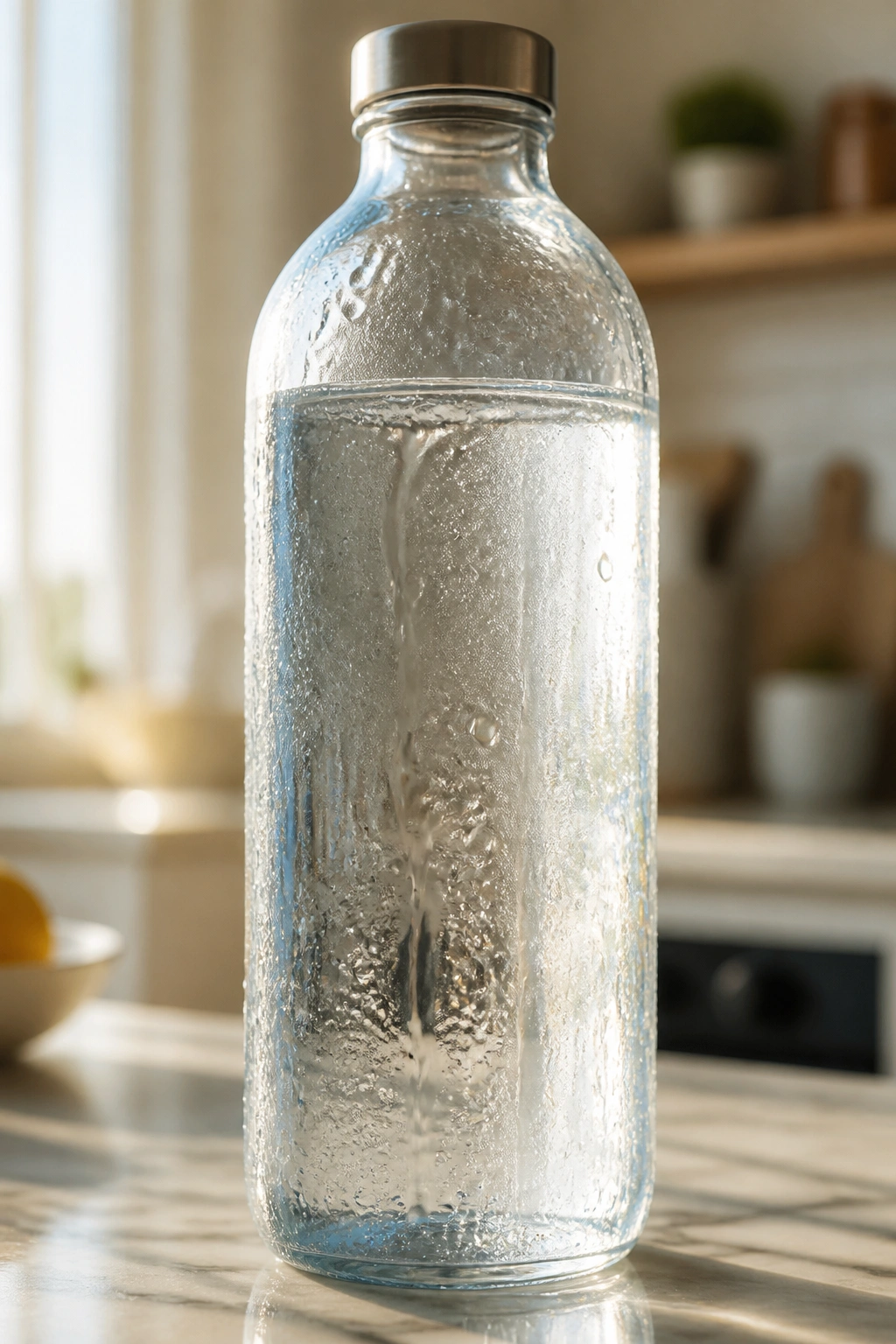 Close-up of a chilled water bottle with condensation on a kitchen counter
