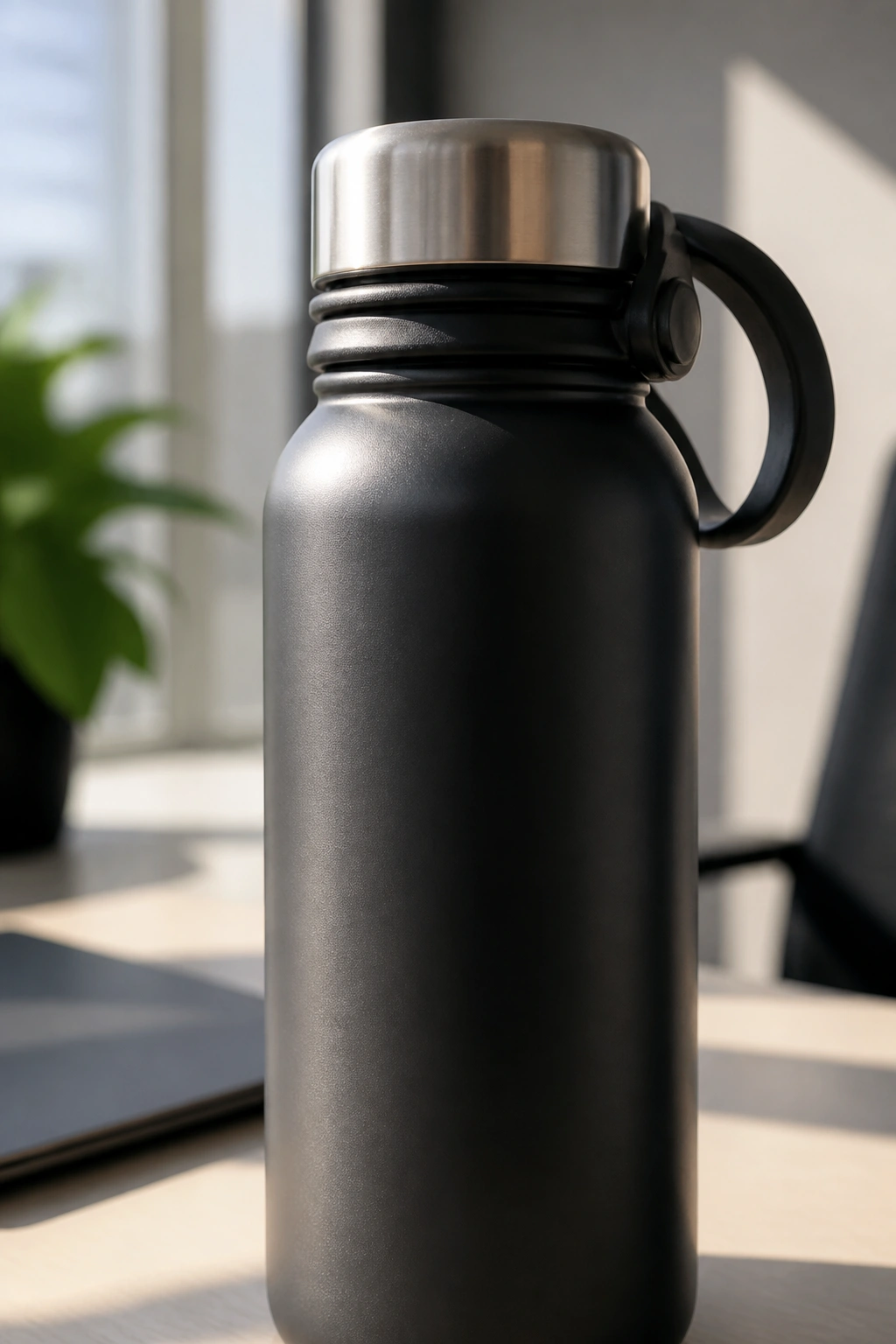 Close-up of a matte stainless steel insulated water bottle on a desk