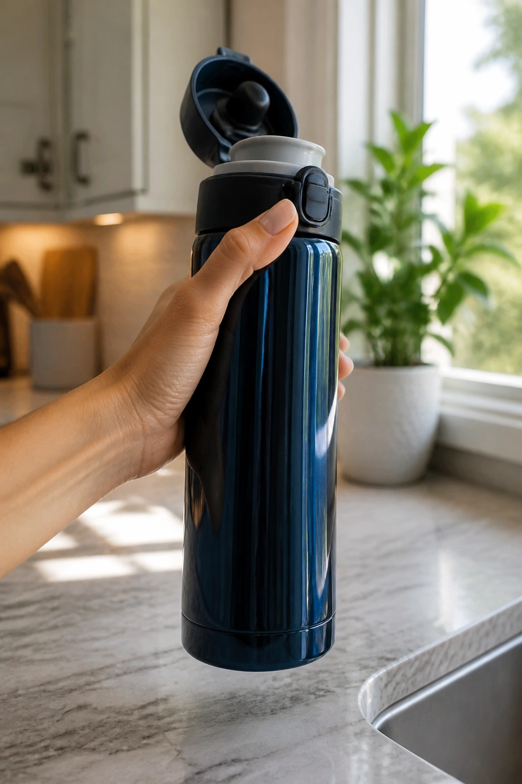 Hand holding an insulated water bottle in a kitchen setting