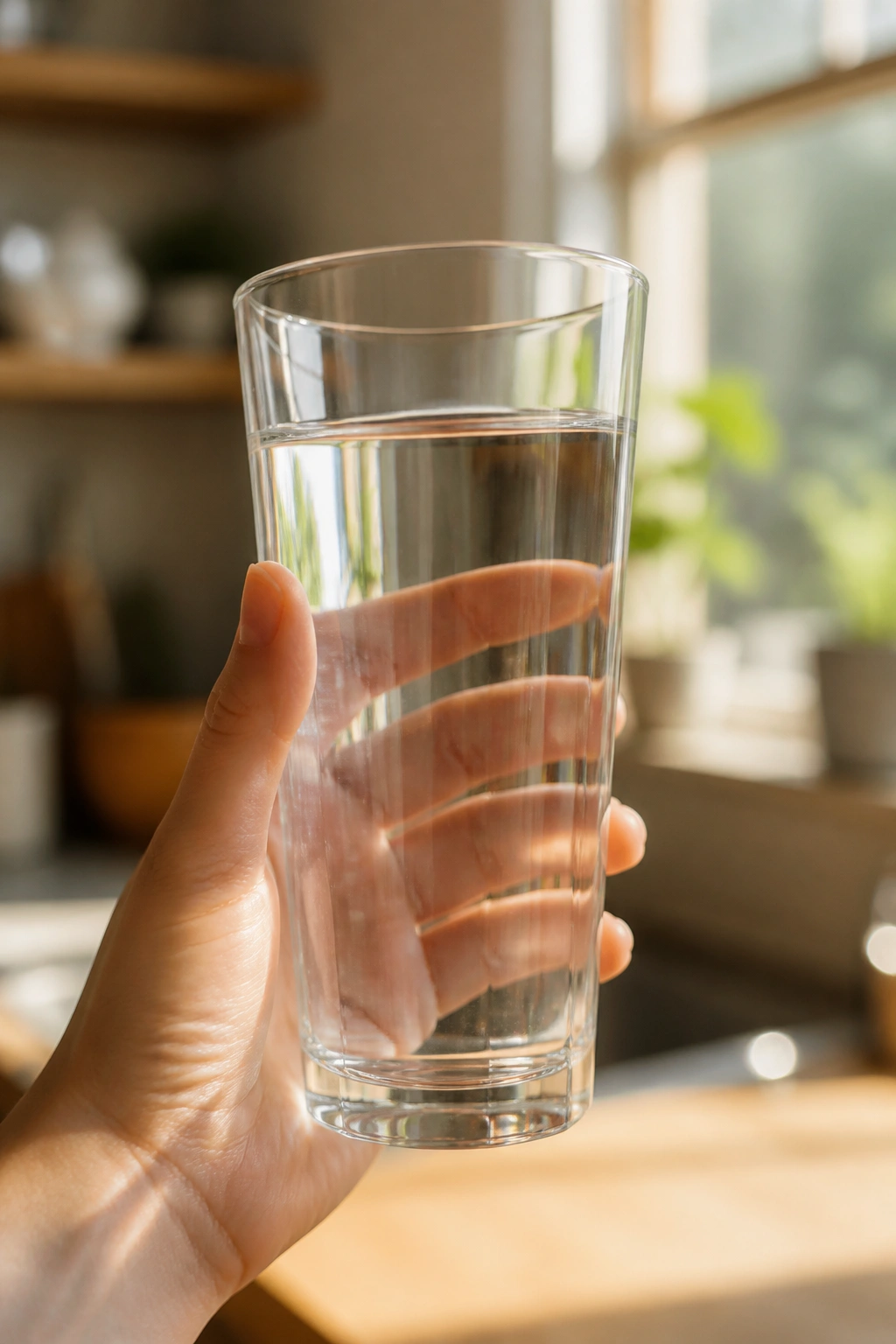 Close-up of a tall glass of water in a bright morning kitchen