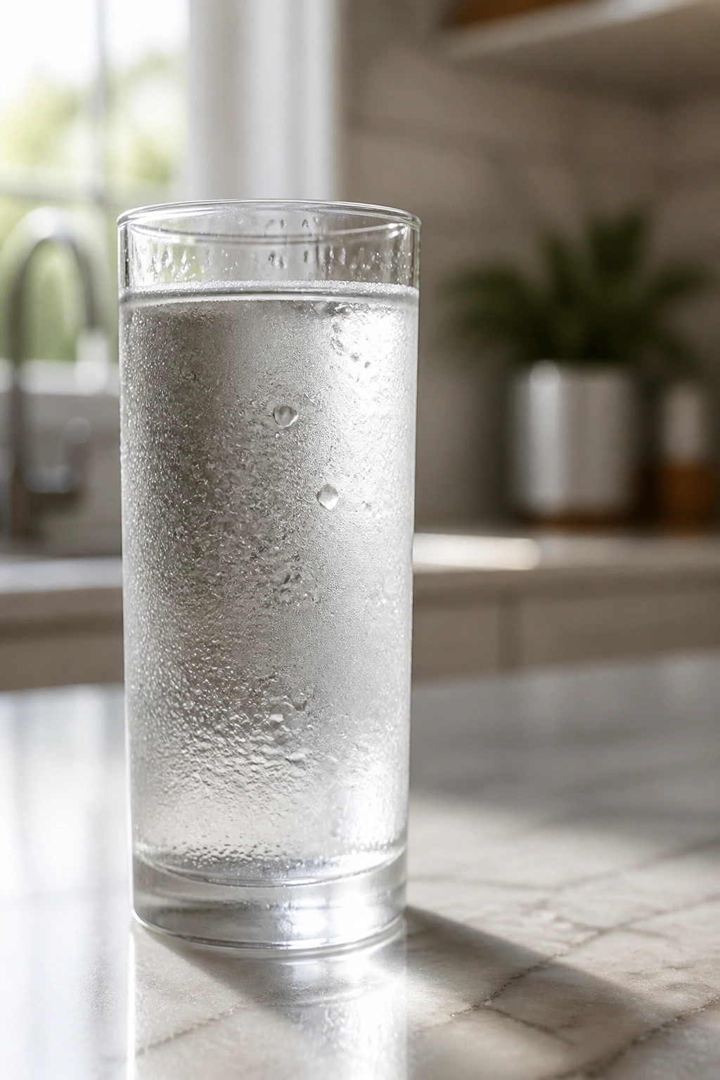 Tall glass of water on a kitchen counter