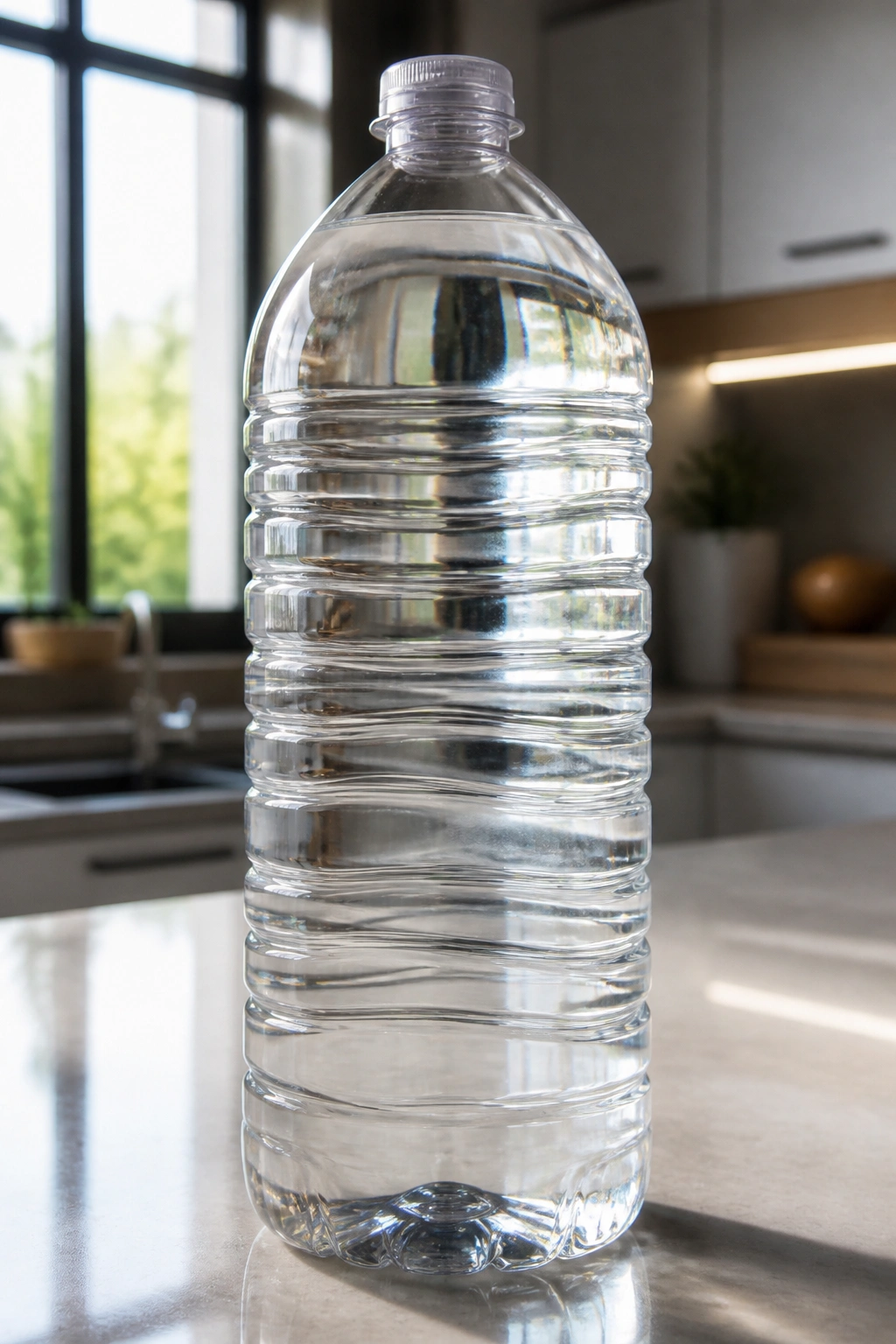 Close-up of a large water bottle on a kitchen counter in daylight.