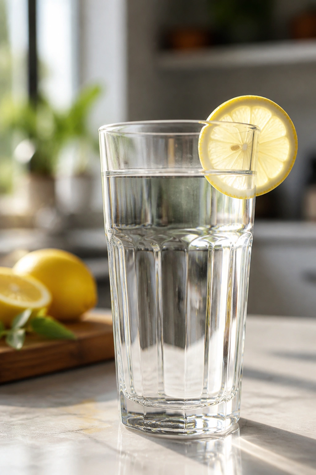 Glass of water with lemon on kitchen counter