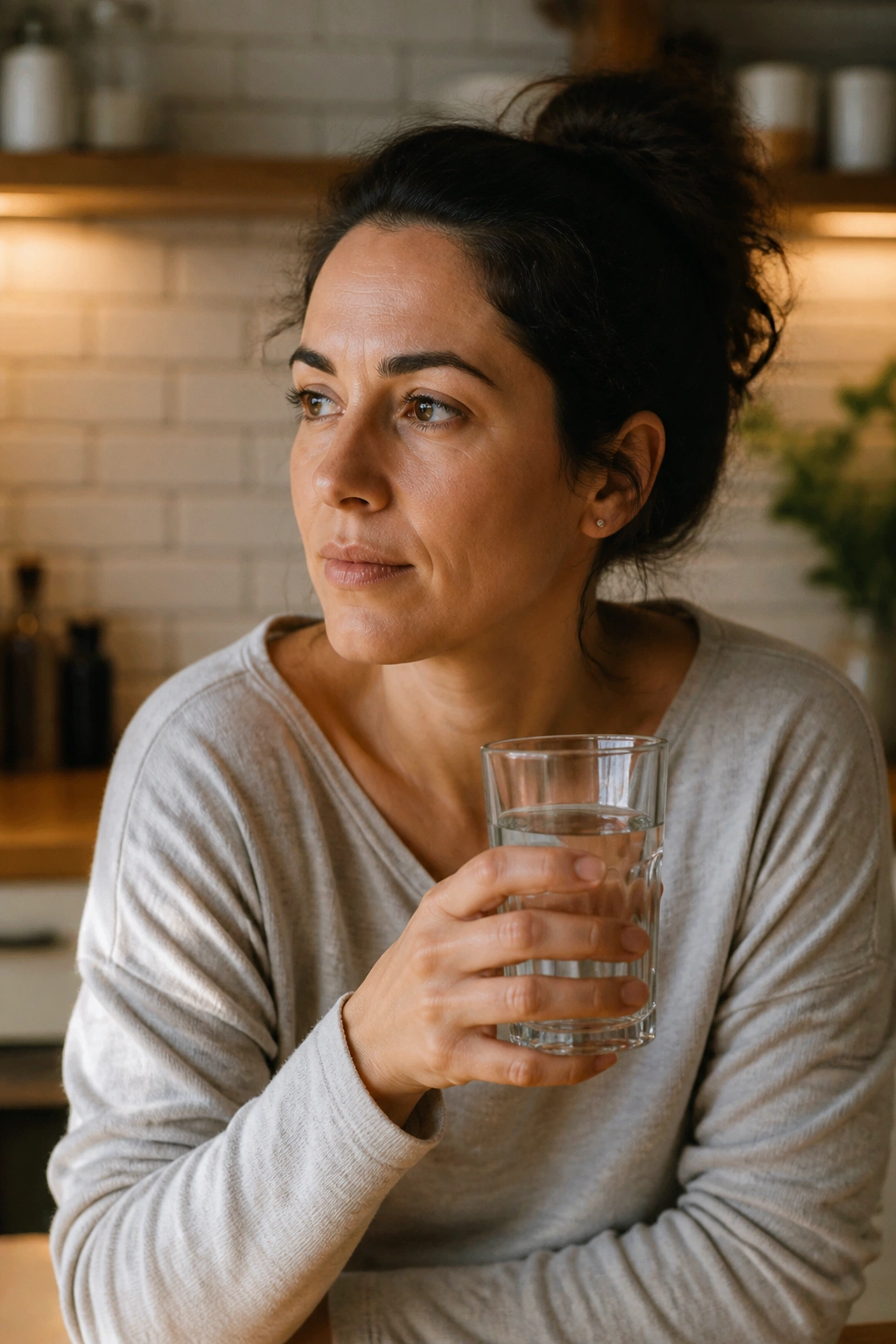 Portrait of a person holding a glass of water in a warm kitchen