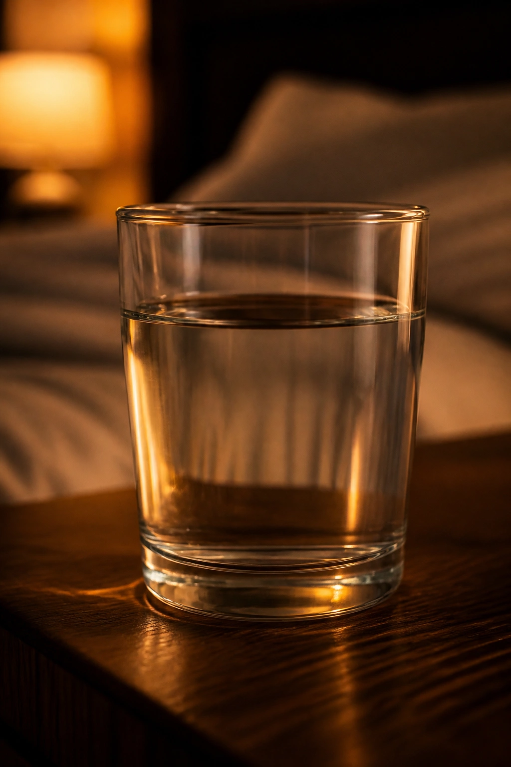 Glass of water on a dimly lit bedside table in a bedroom