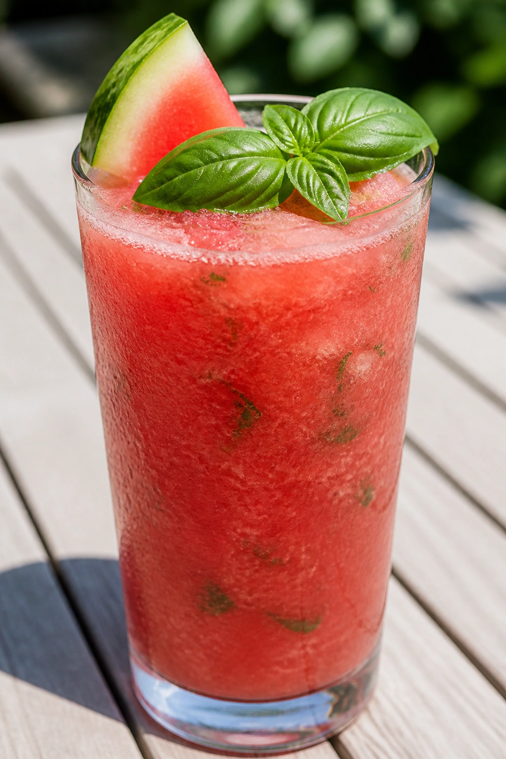 Close-up of Watermelon Basil Cooler in a glass on a sunny table.