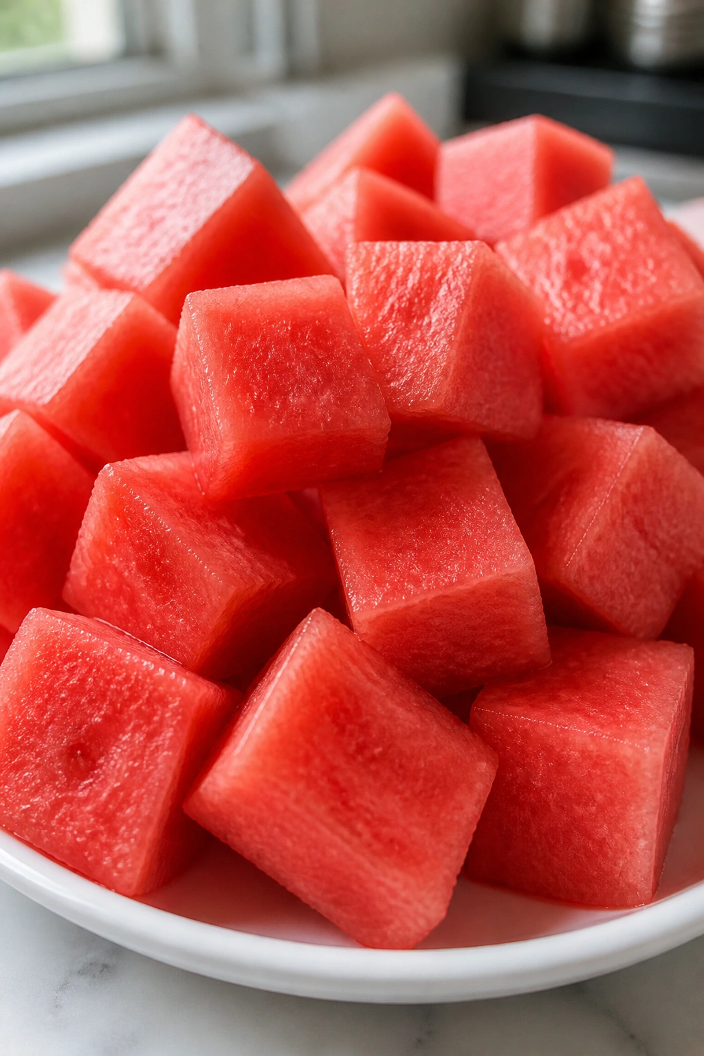 Close-up of seedless watermelon cubes on a plate with bright kitchen light.
