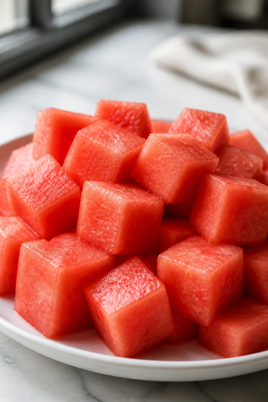 Close-up of chilled watermelon cubes on a plate