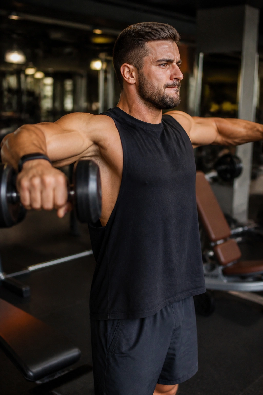 Lifter performing lateral raises in gym, showcasing weak-point day for shoulders.