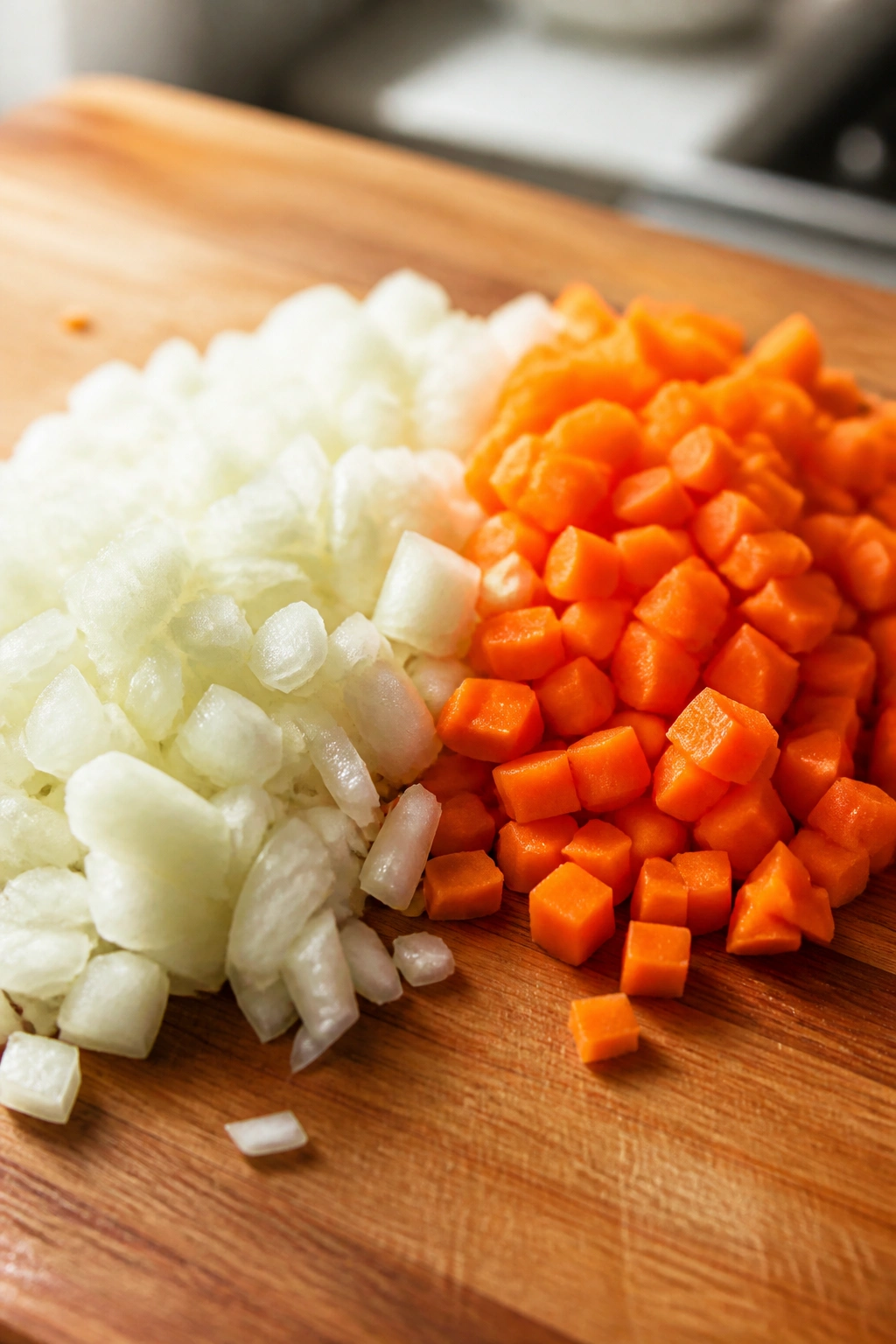 Chopped onions and carrots on a cutting board ready for weekend prep