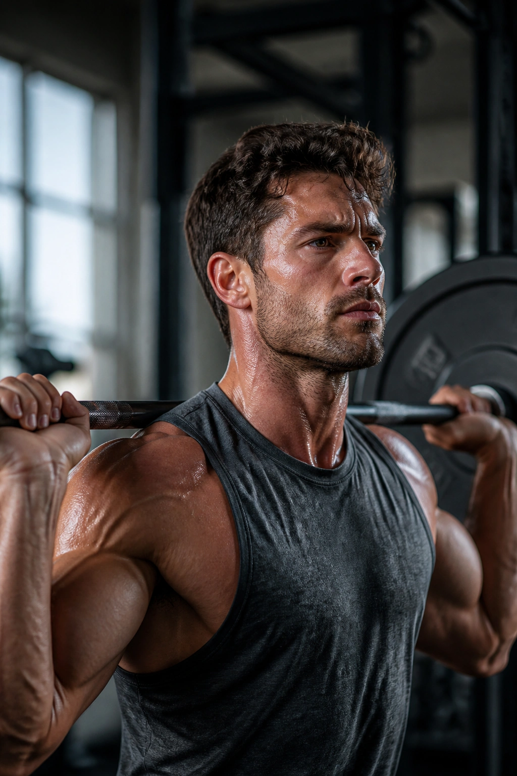 Close-up of lifter's upper body gripping a heavy barbell in gym, weekend routine