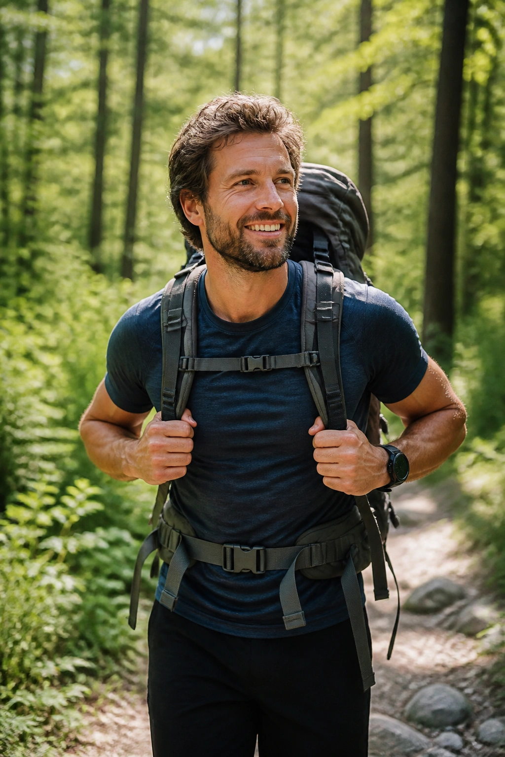 Weekend Warrior Plan: person hiking on a sunlit forest trail