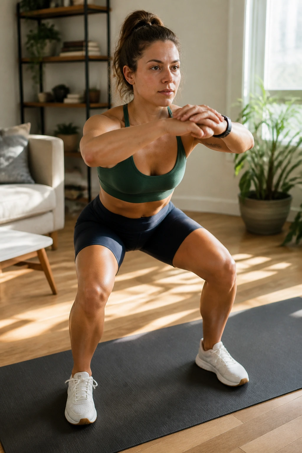 Person performing a home bodyweight workout in a bright living room
