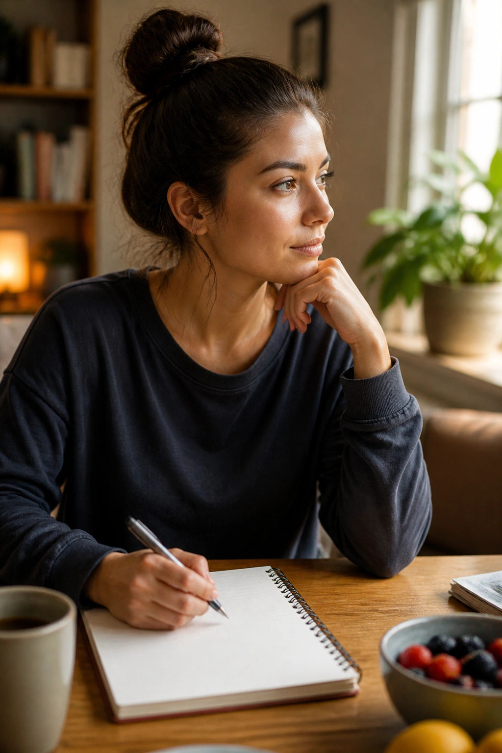Person planning the week at a desk with a blank notebook