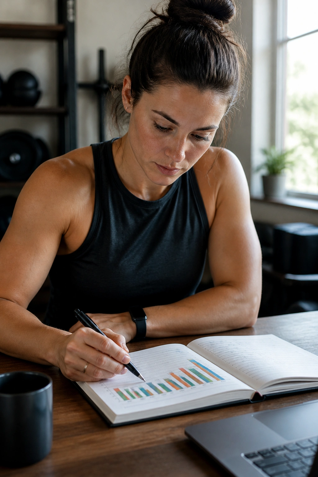 Close-up of a person reviewing a training log with color bars at a desk in calm daylight