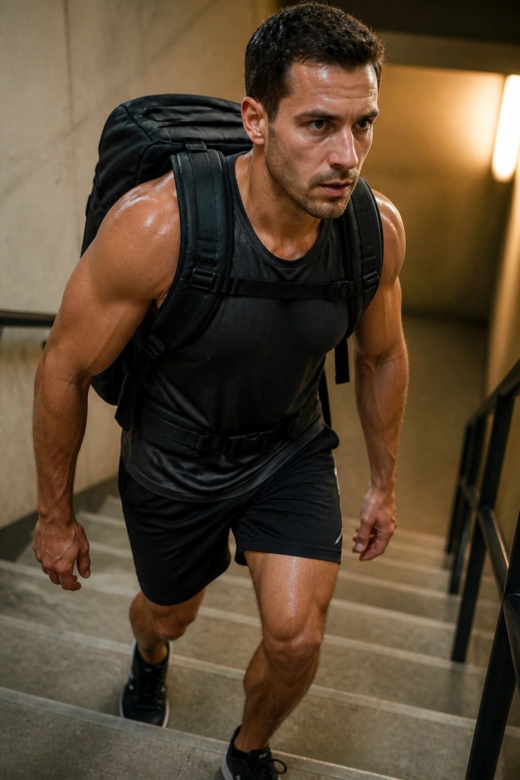 Medium close-up of a person in a stairwell carrying a loaded backpack, ascending with good posture.
