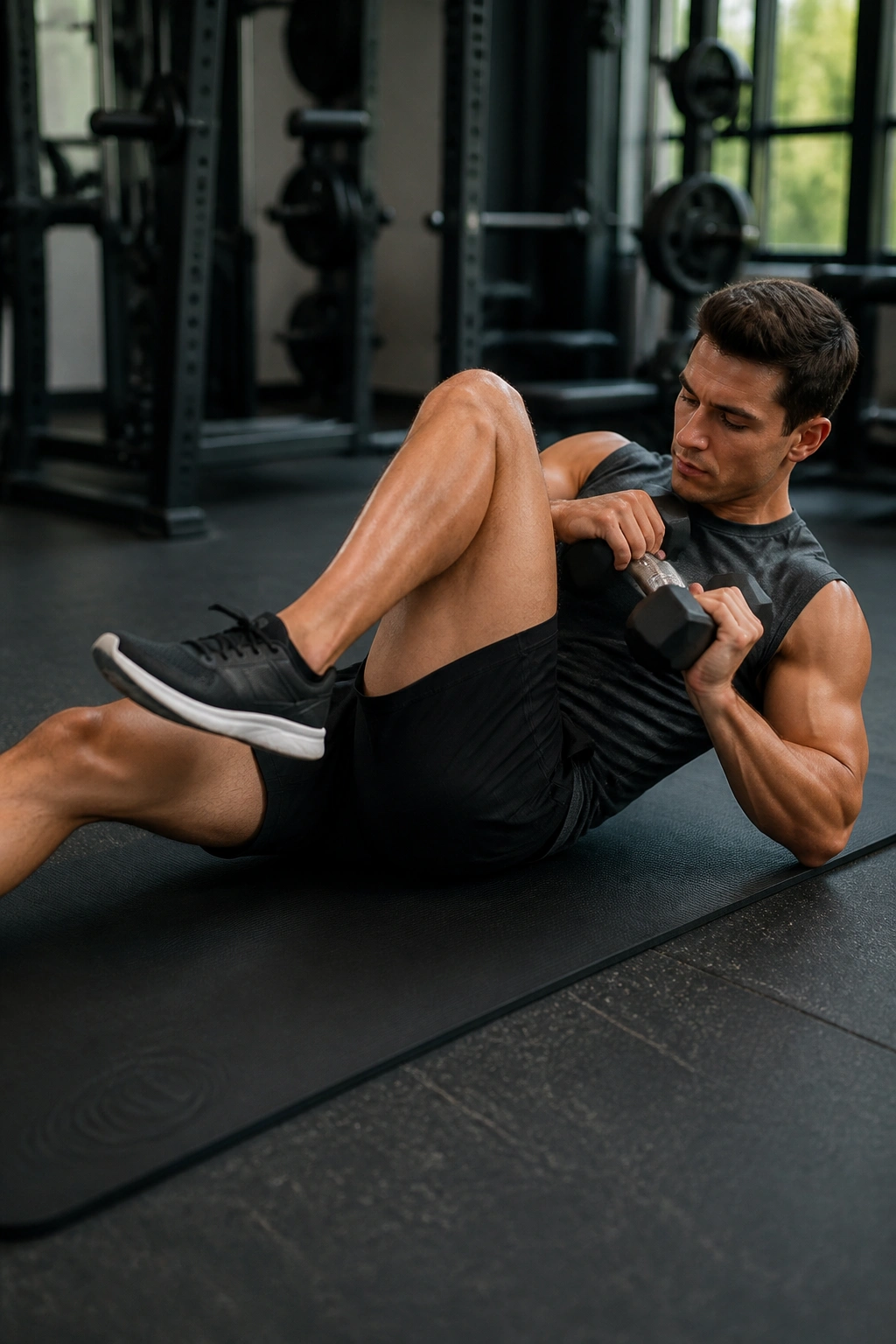 Person doing weighted bicycle crunch with dumbbell on gym mat