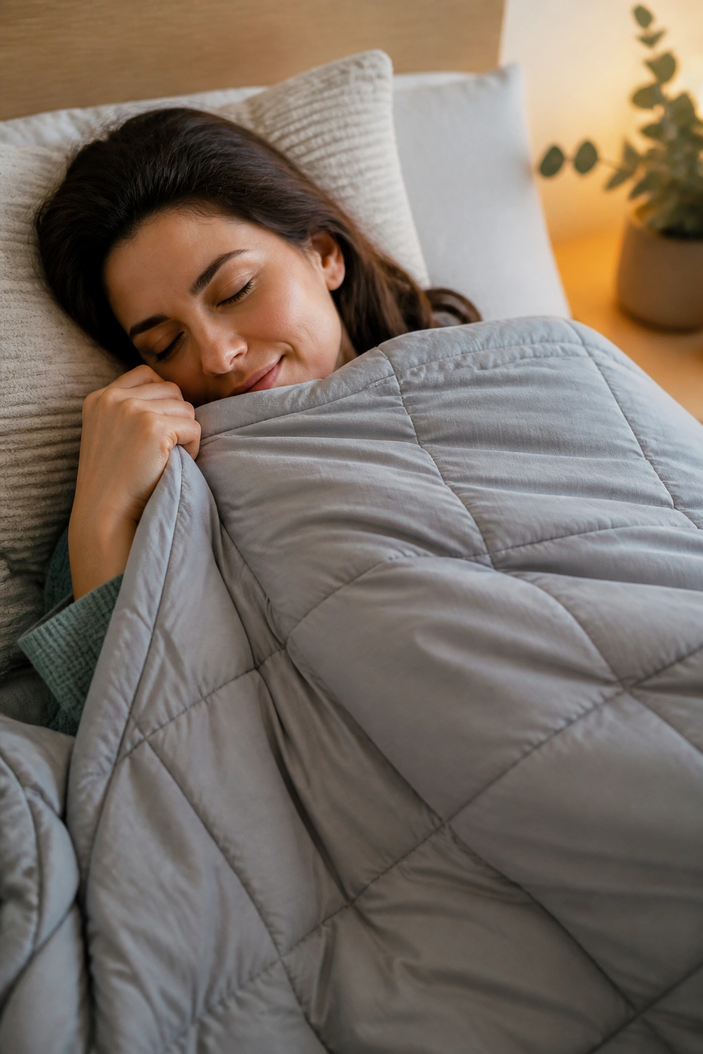 Portrait of a person under a weighted blanket in a cozy bedroom.