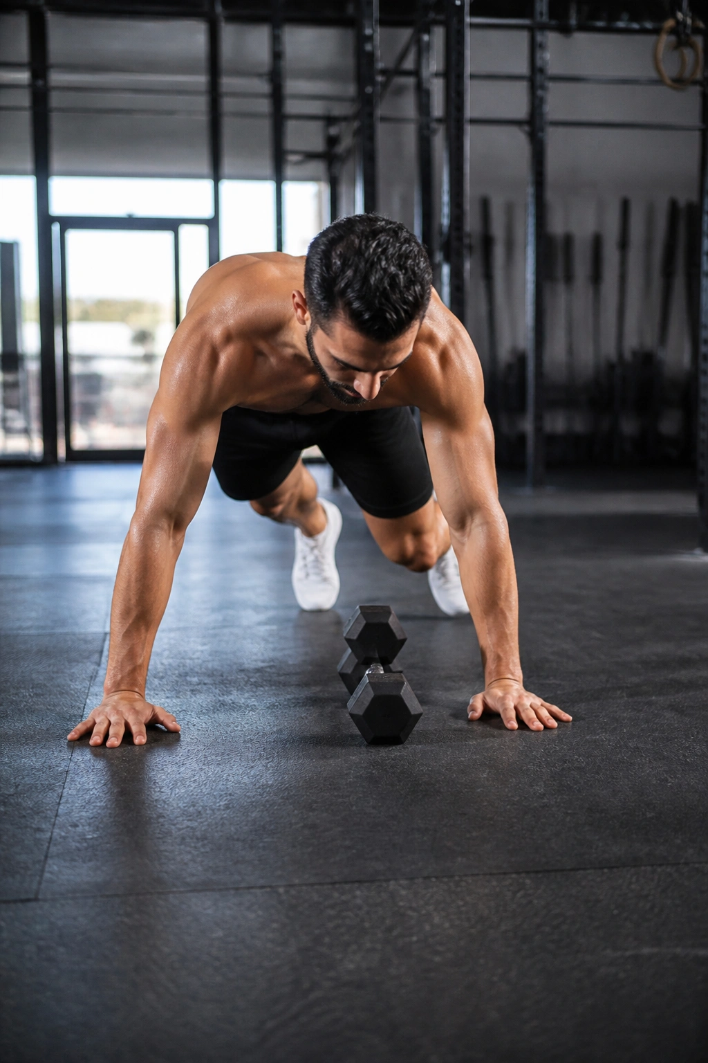 Mid-action athlete performing weighted lateral burpees beside a dumbbell in a gym