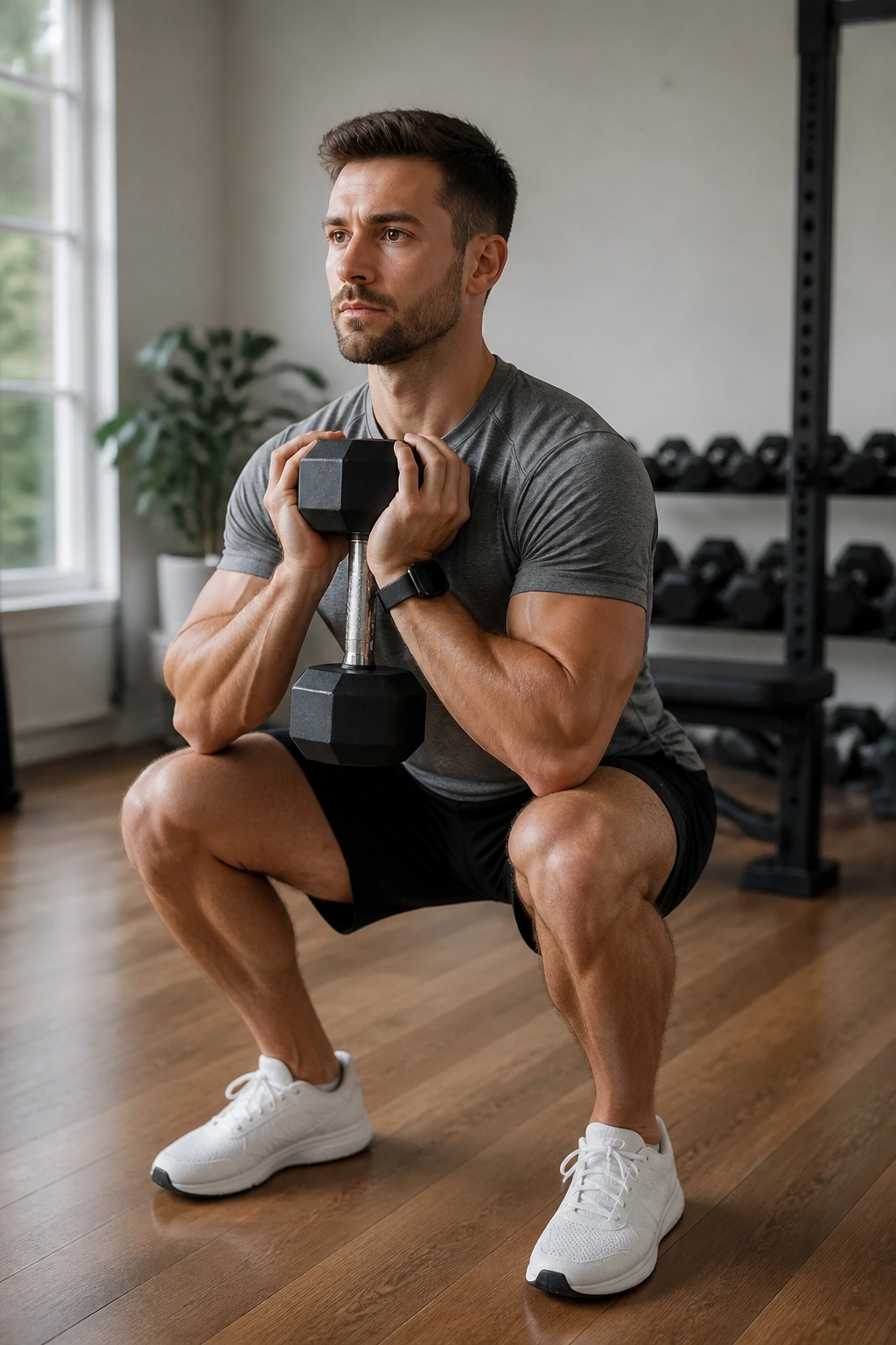 Close-up of a person performing goblet squat with dumbbell in a home gym