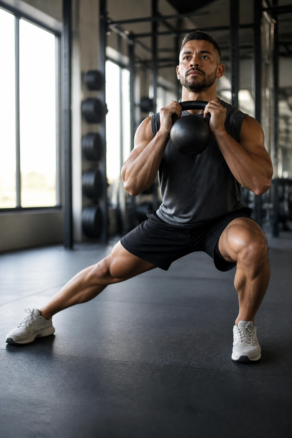 Athlete performing weighted Cossack lunge in gym
