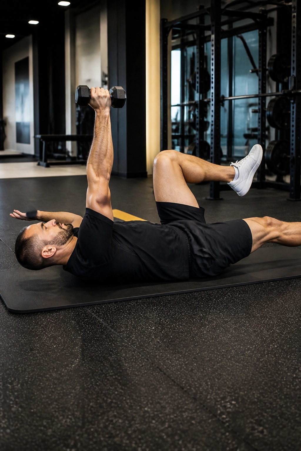 Person performing weighted dead bug exercise on mat