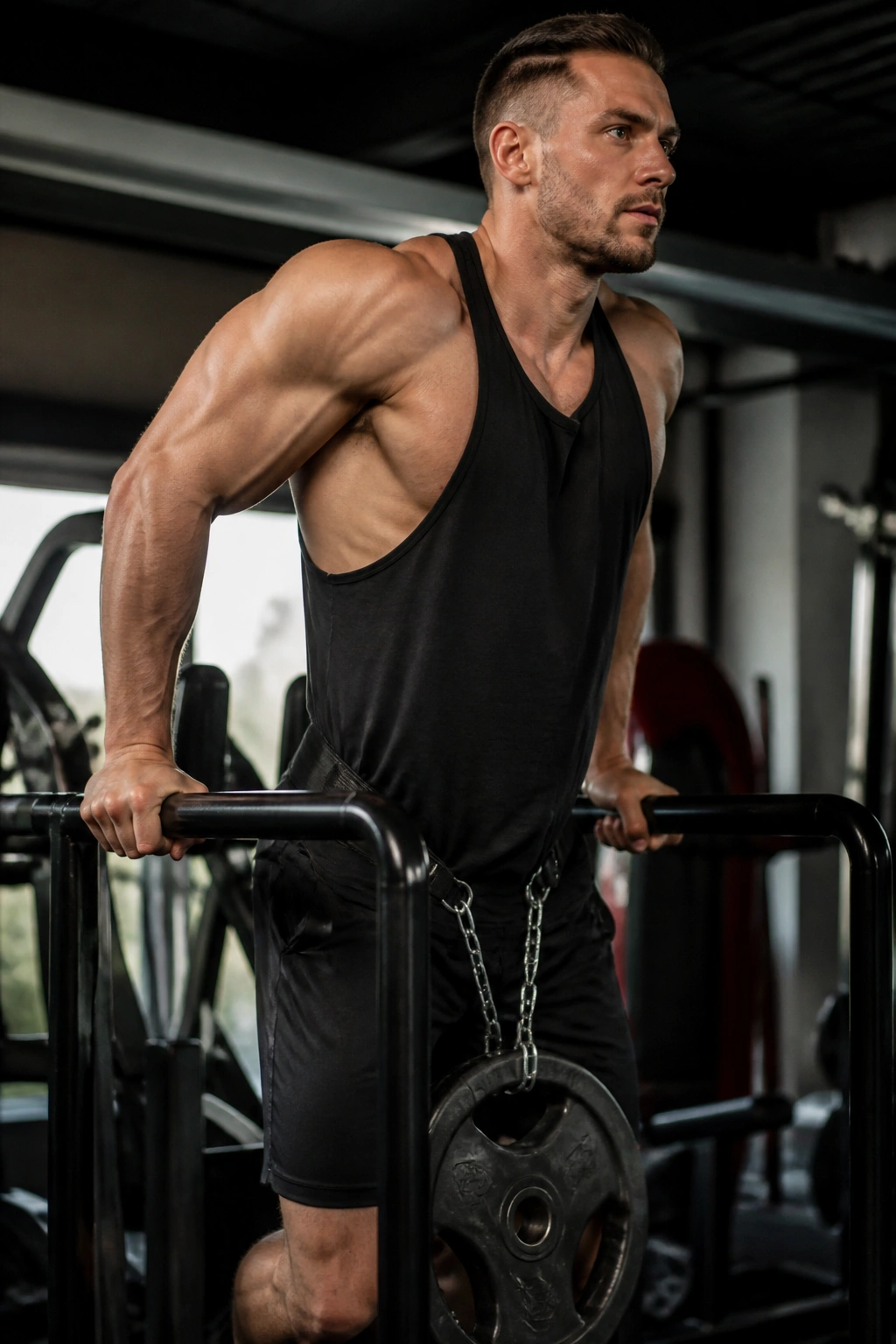 Lifter performing weighted dips on parallel bars, arms engaged for upper-arm thickness.