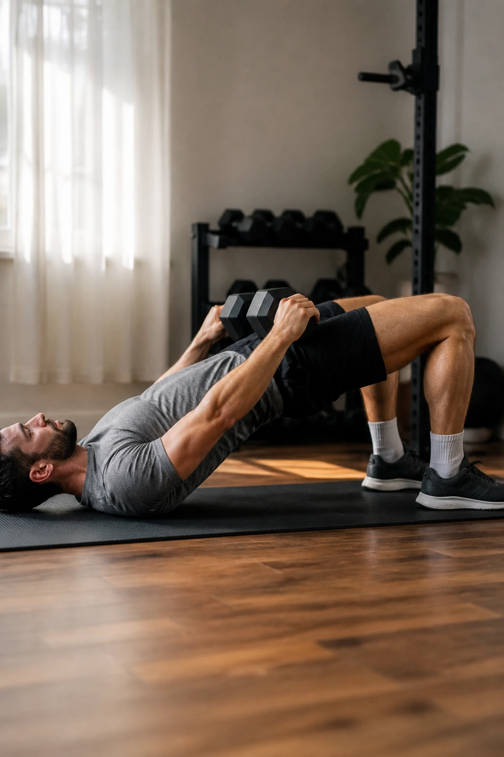 Close-up of a weighted glute bridge on a floor mat, hips raised and glutes engaged with a dumbbell on the hips