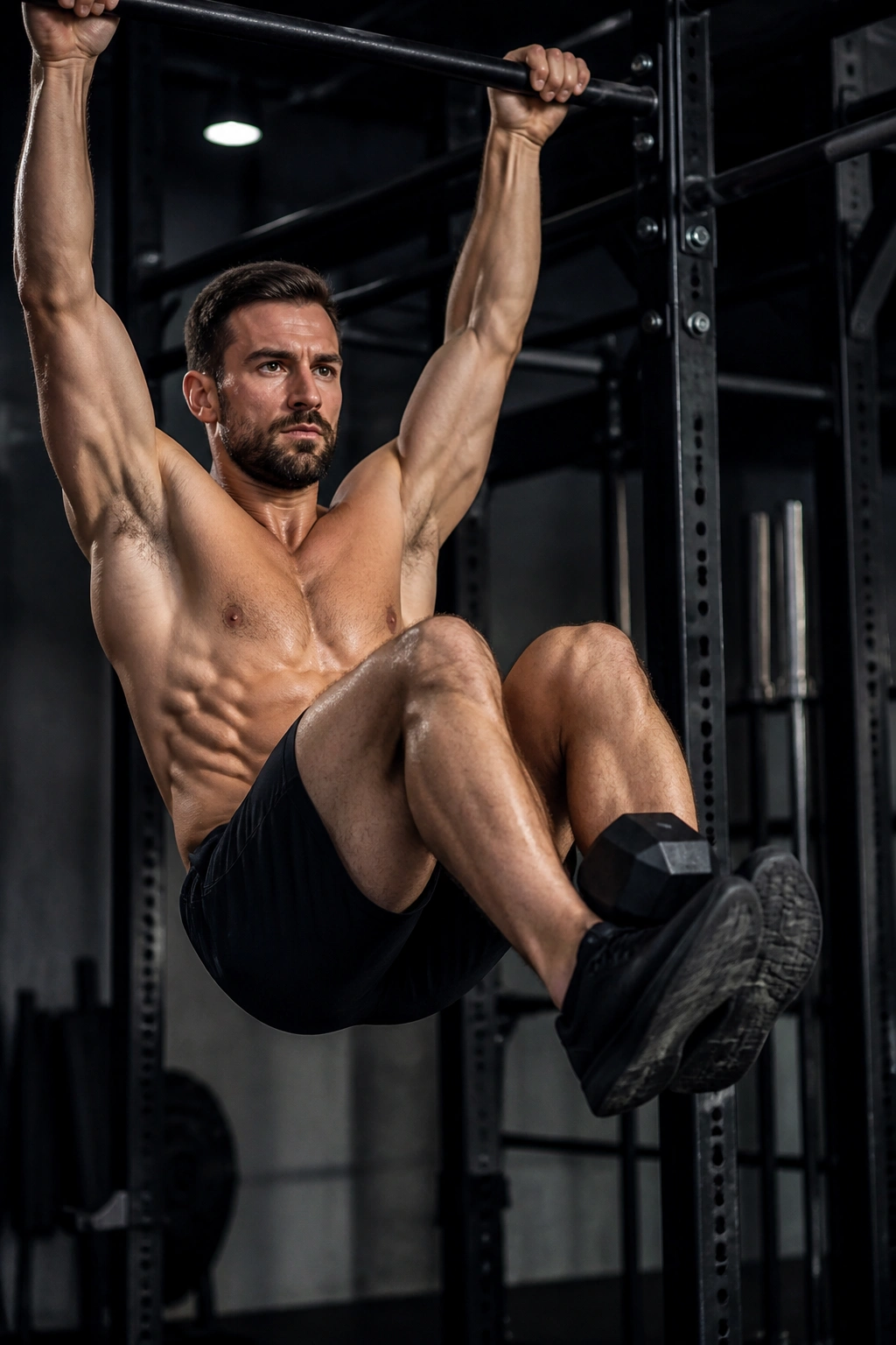 Lifter performing weighted hanging leg raises on pull-up bar in gym