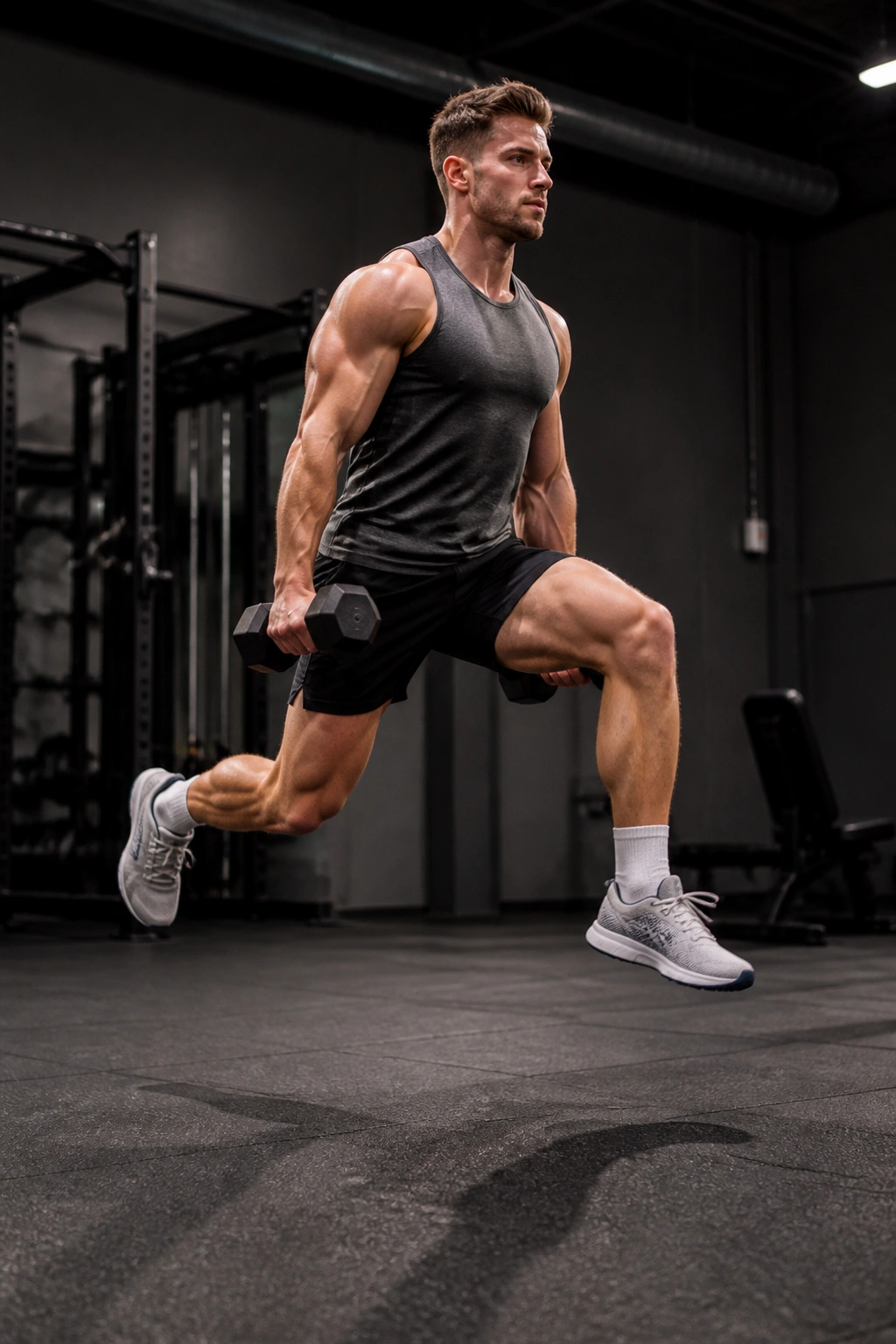 Athlete in mid-air performing weighted jumping lunge in gym