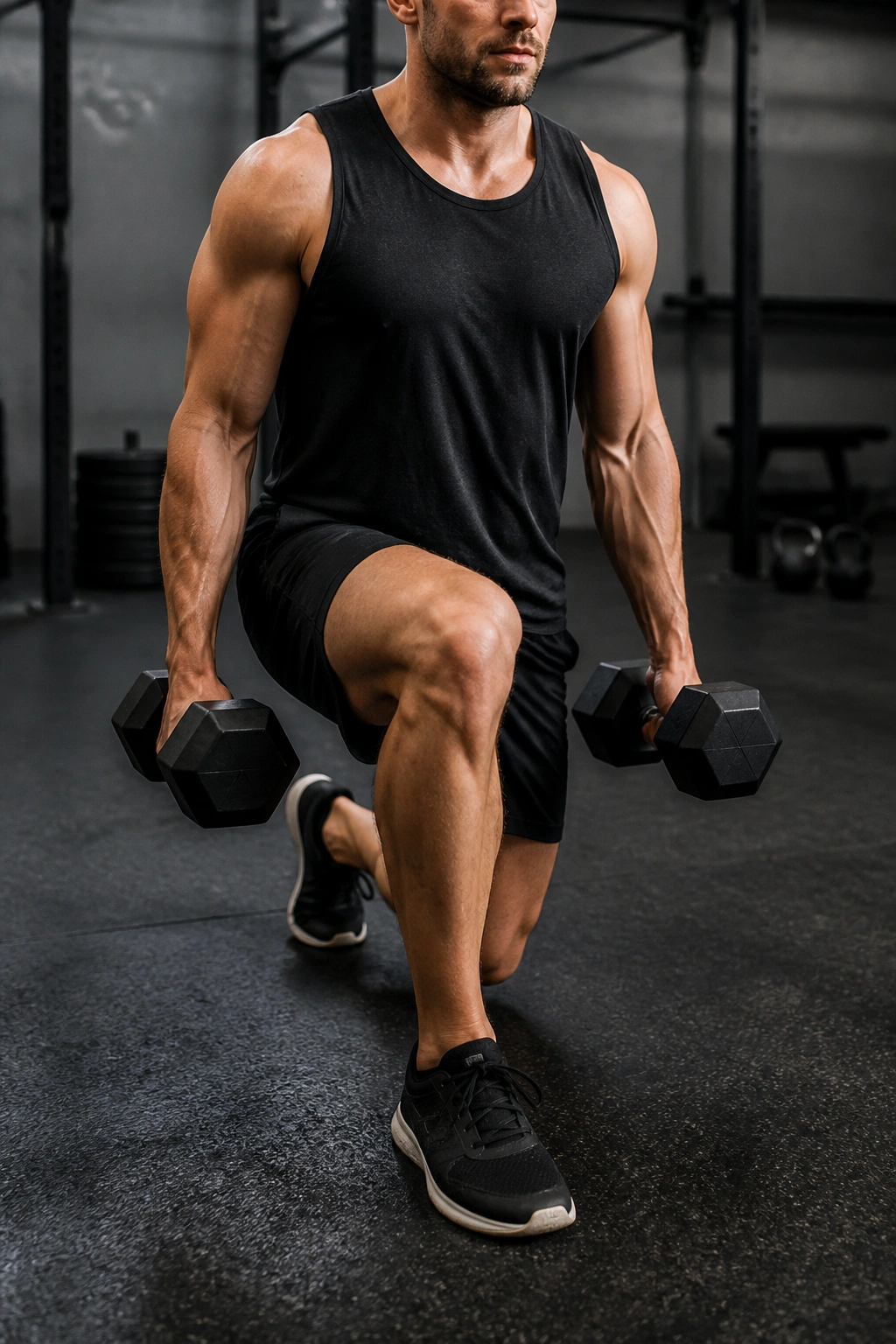 Person performing weighted lunge with dumbbells in a gym