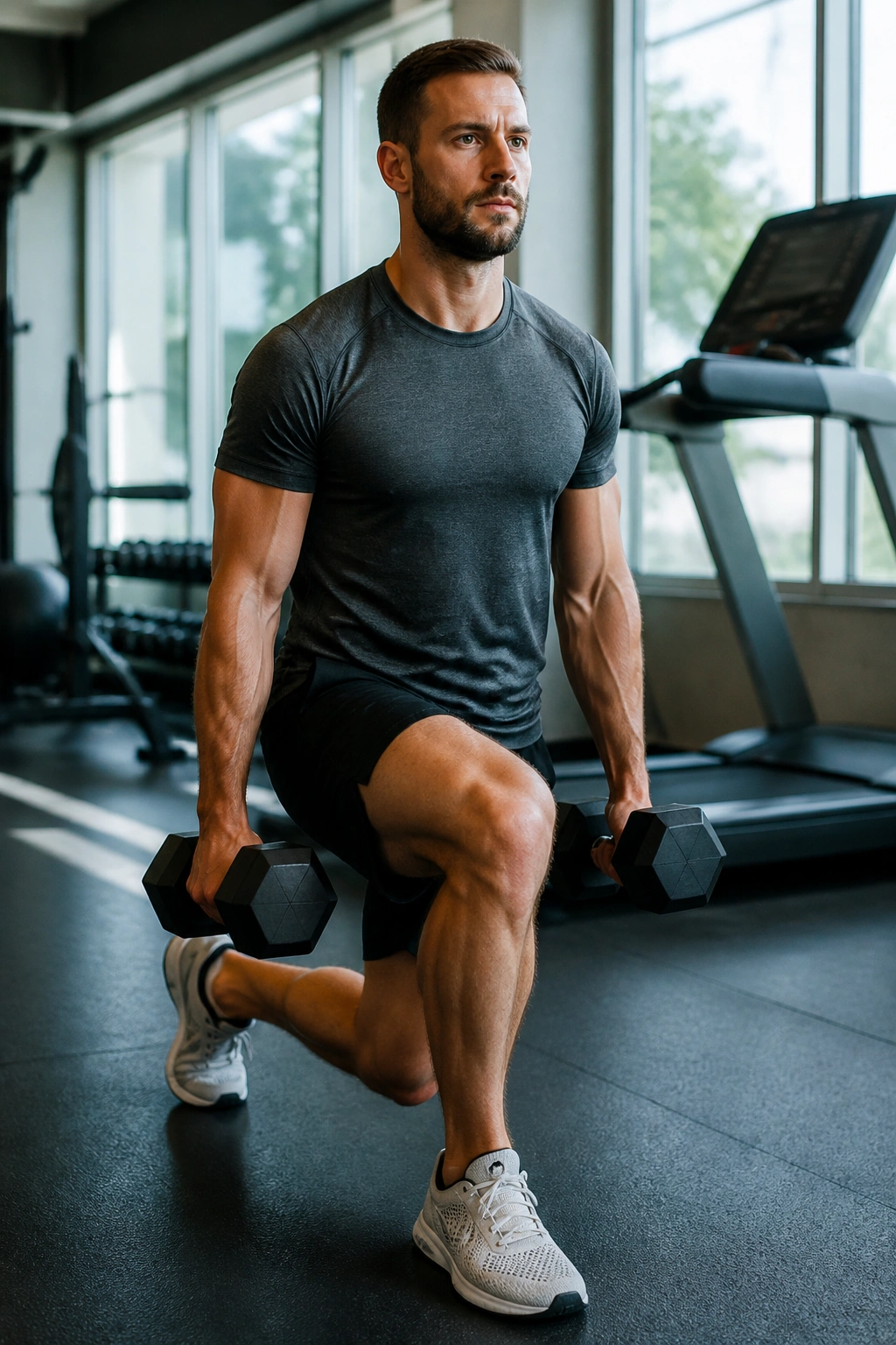 Real person performing weighted lunge in gym for hybrid routine