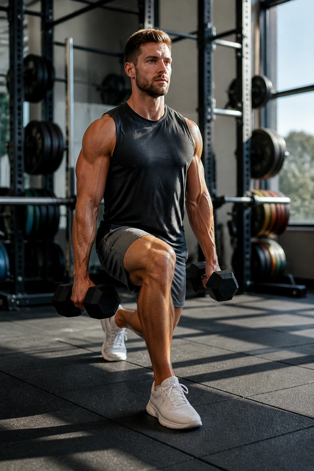 Close up of a person performing a weighted forward lunge in a gym