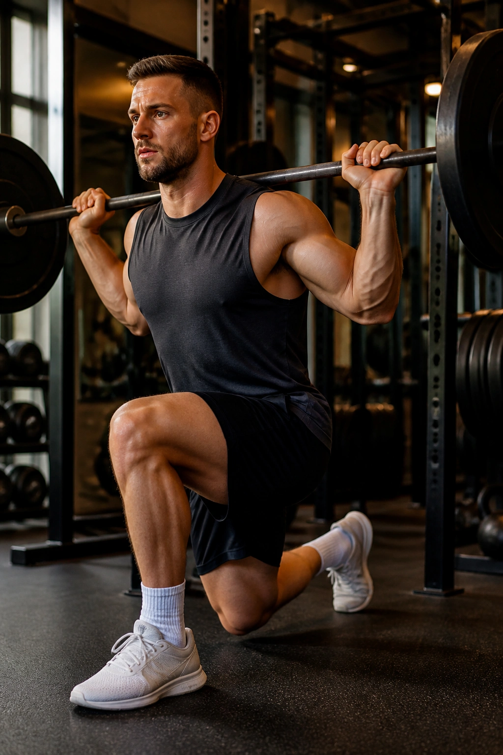 Close-up of a lifter performing Weighted Static Lunge with barbell, front heel down, quad engaged