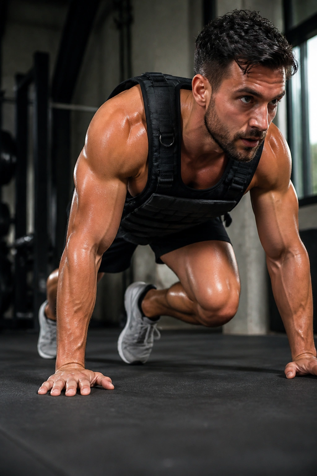 Athlete in weighted mountain climber position in gym