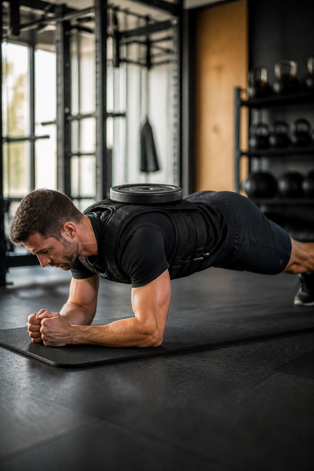 Person holding a weighted plank with proper form