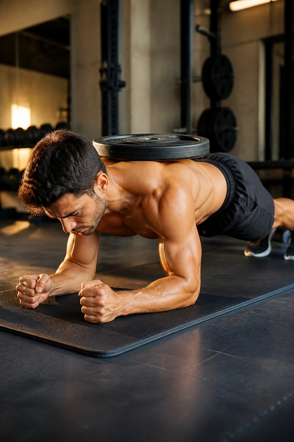 Person in weighted plank on gym mat showing core bracing.