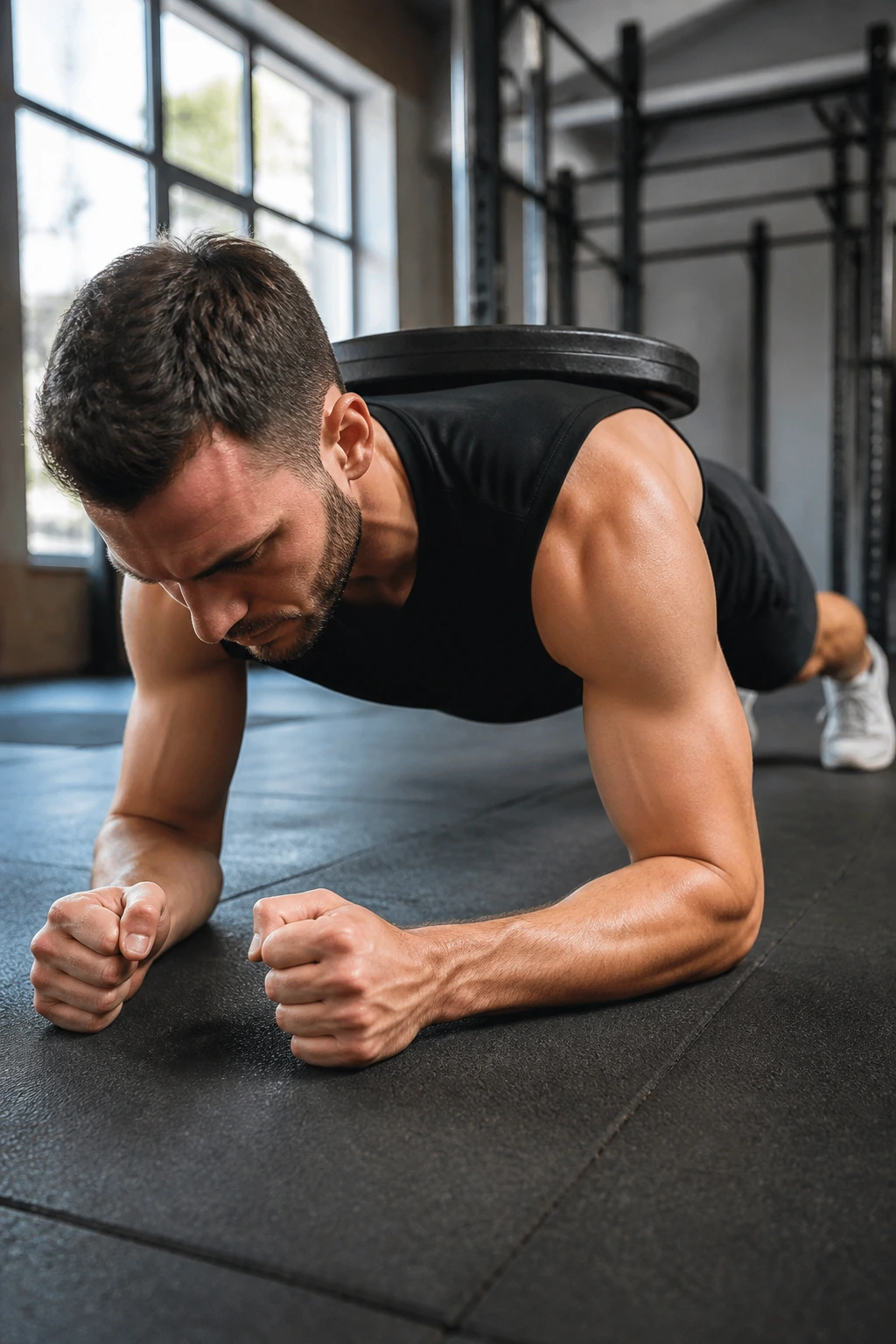 Close-up of a person in weighted plank showing a weight plate on the upper back in a gym