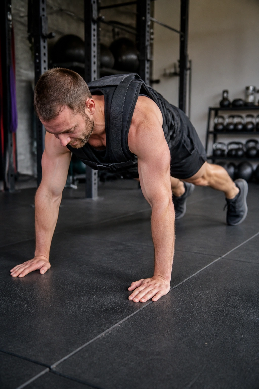 Person performing weighted plank jacks in a gym