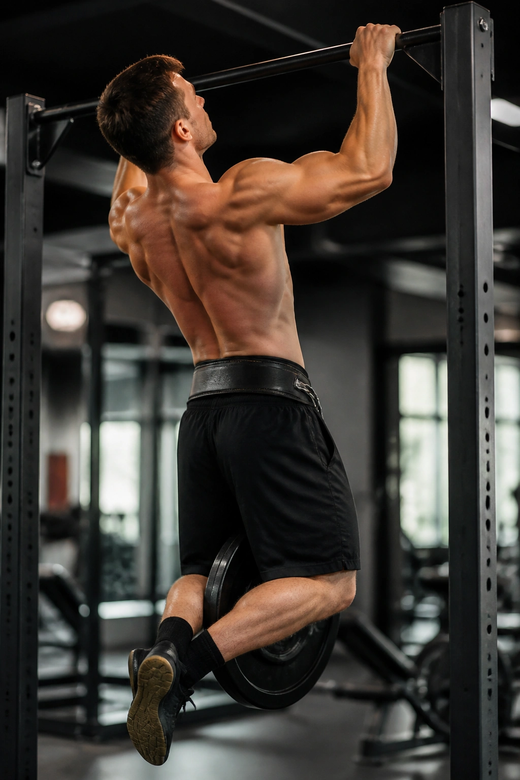 Athlete doing weighted pull-ups in gym during strength circuit