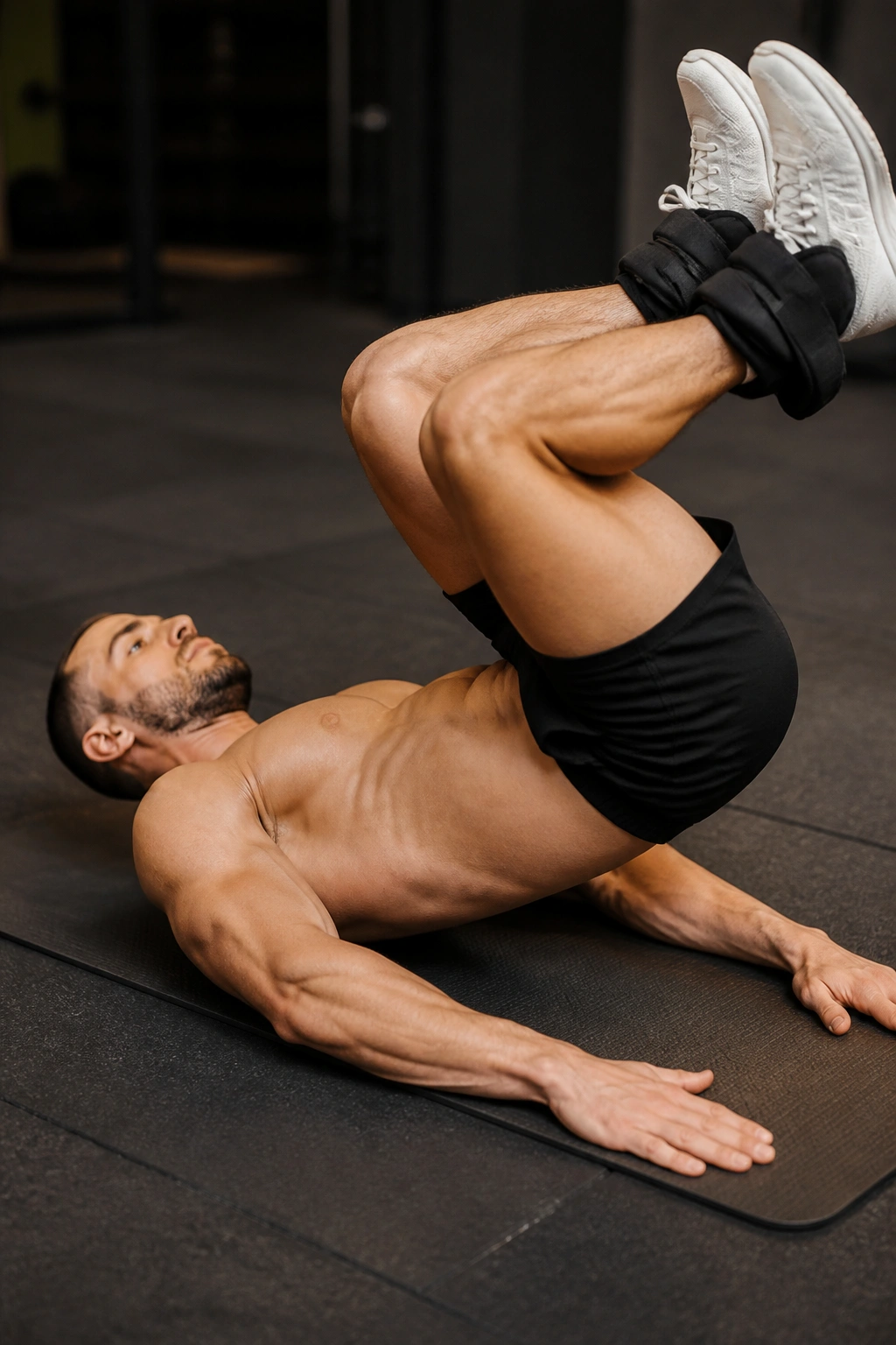 Person doing weighted reverse crunch on mat highlighting lower abs