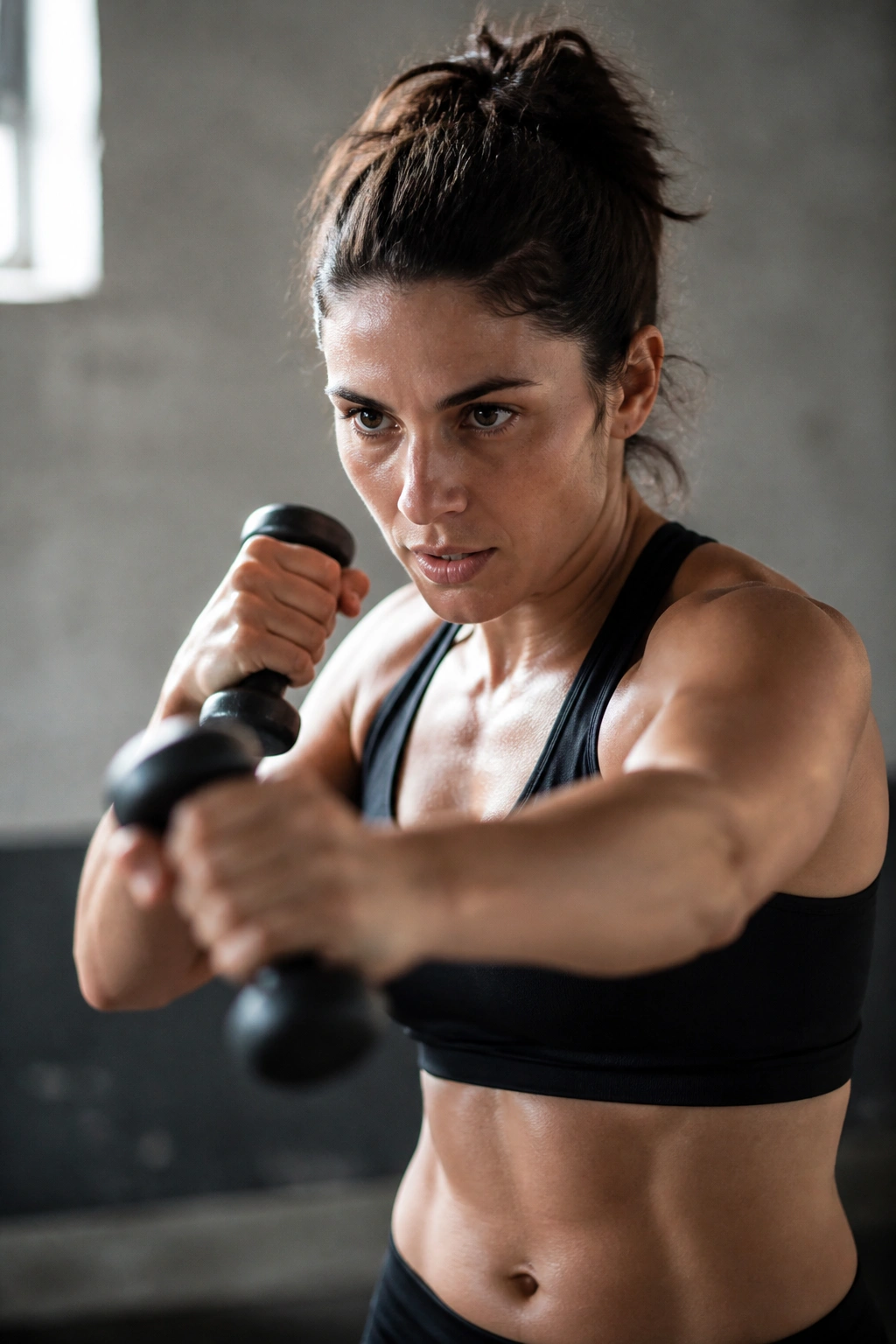 Person shadowboxing with light dumbbells to build shoulder endurance.