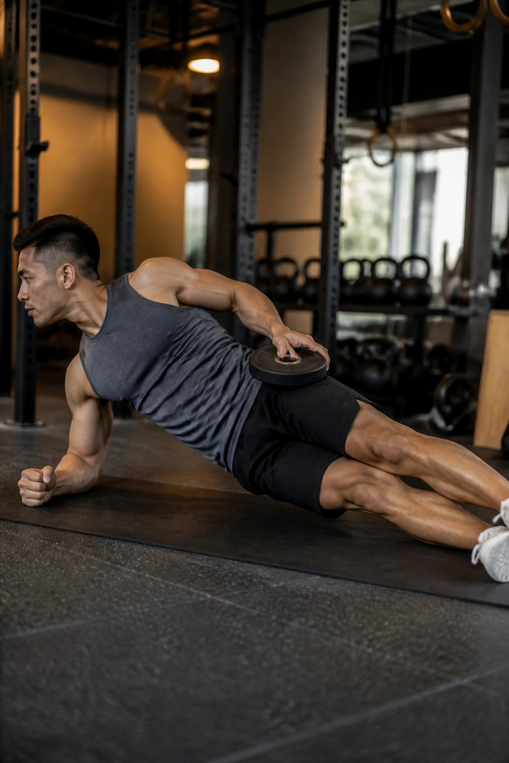 Side-profile view of a person in a weighted side plank on a gym mat with plate on the hip