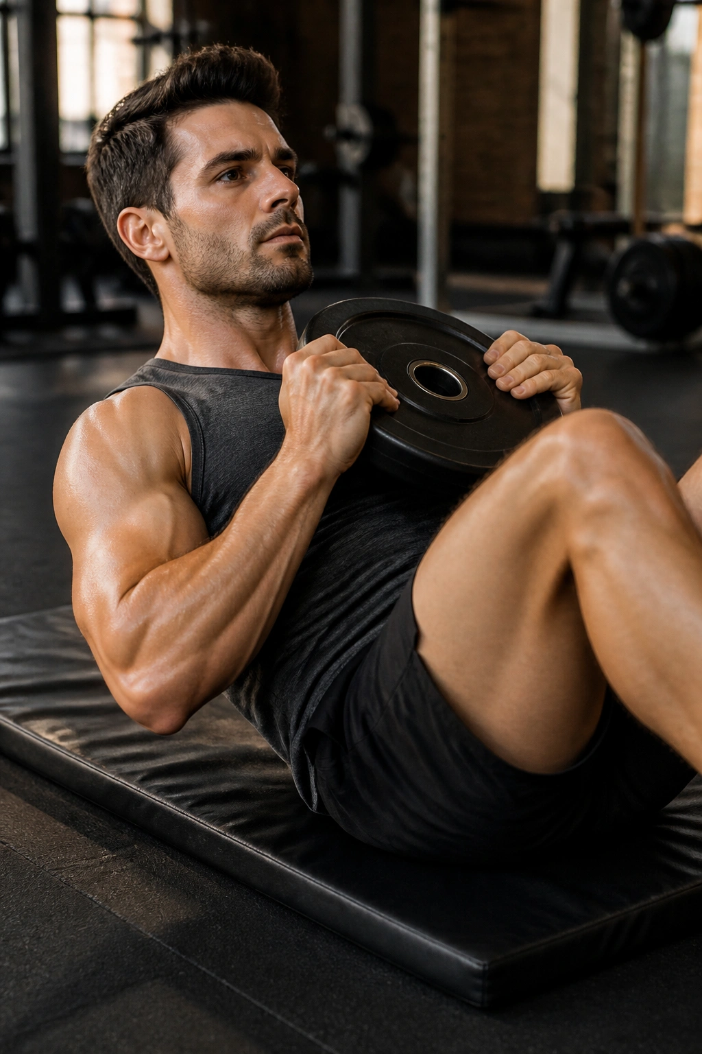 Close-up of weighted sit-up in progress on mat with weight at chest