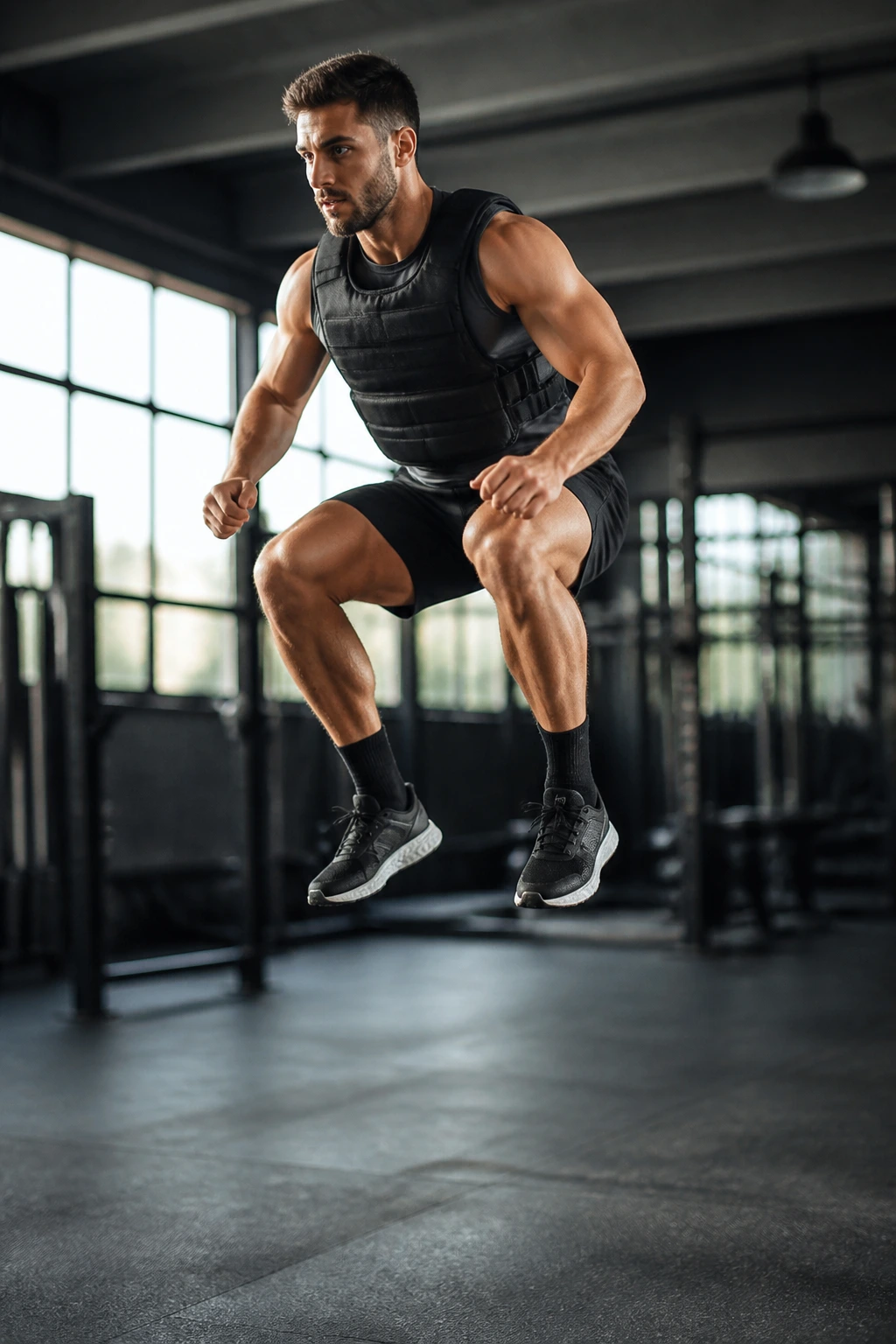Athlete wearing a light weight vest performing a weighted squat jump